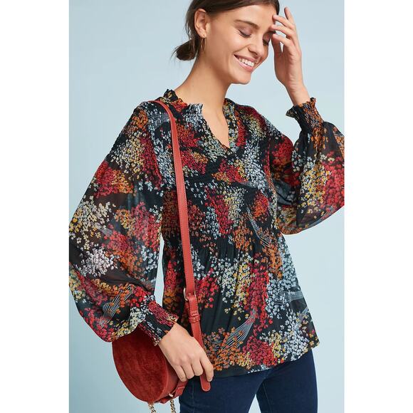 Anthropologie Akemi + Kin Adria Smocked Floral Top Black Multicolor - Size M - Picture 2 of 8